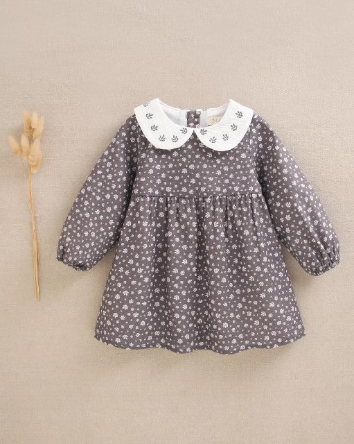 Vestido de bebé niña gris con hojas blancas  GRIS