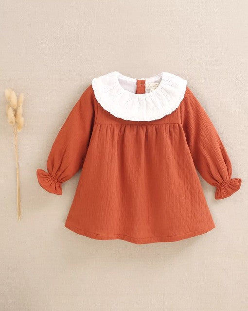 Vestido de bebé niña color teja y manga larga abullonada  TEJA