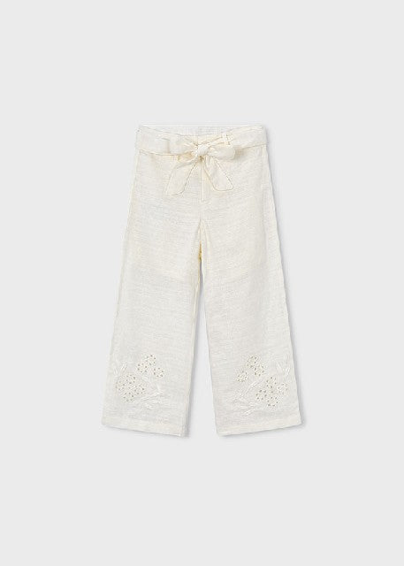 Pantalon largo lino bordado   Hueso