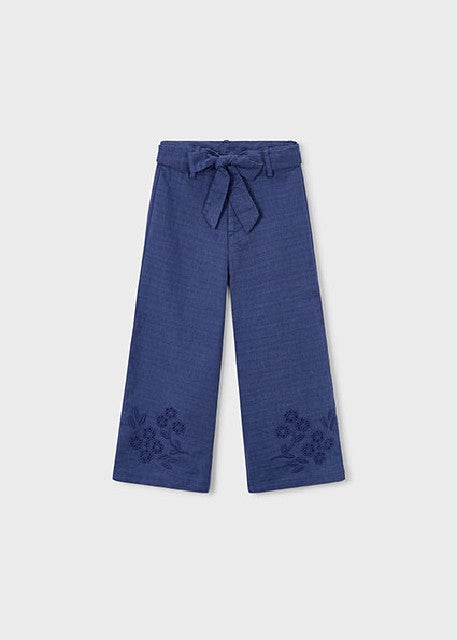 Pantalon largo lino bordado   Porcelana