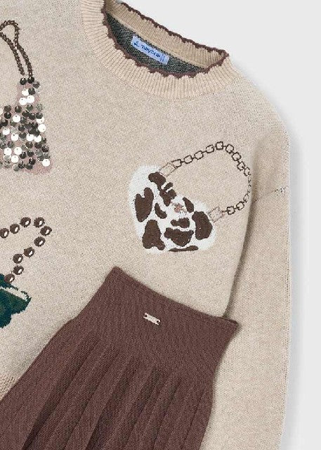 Conj. falda tricot jacquard   Cafe